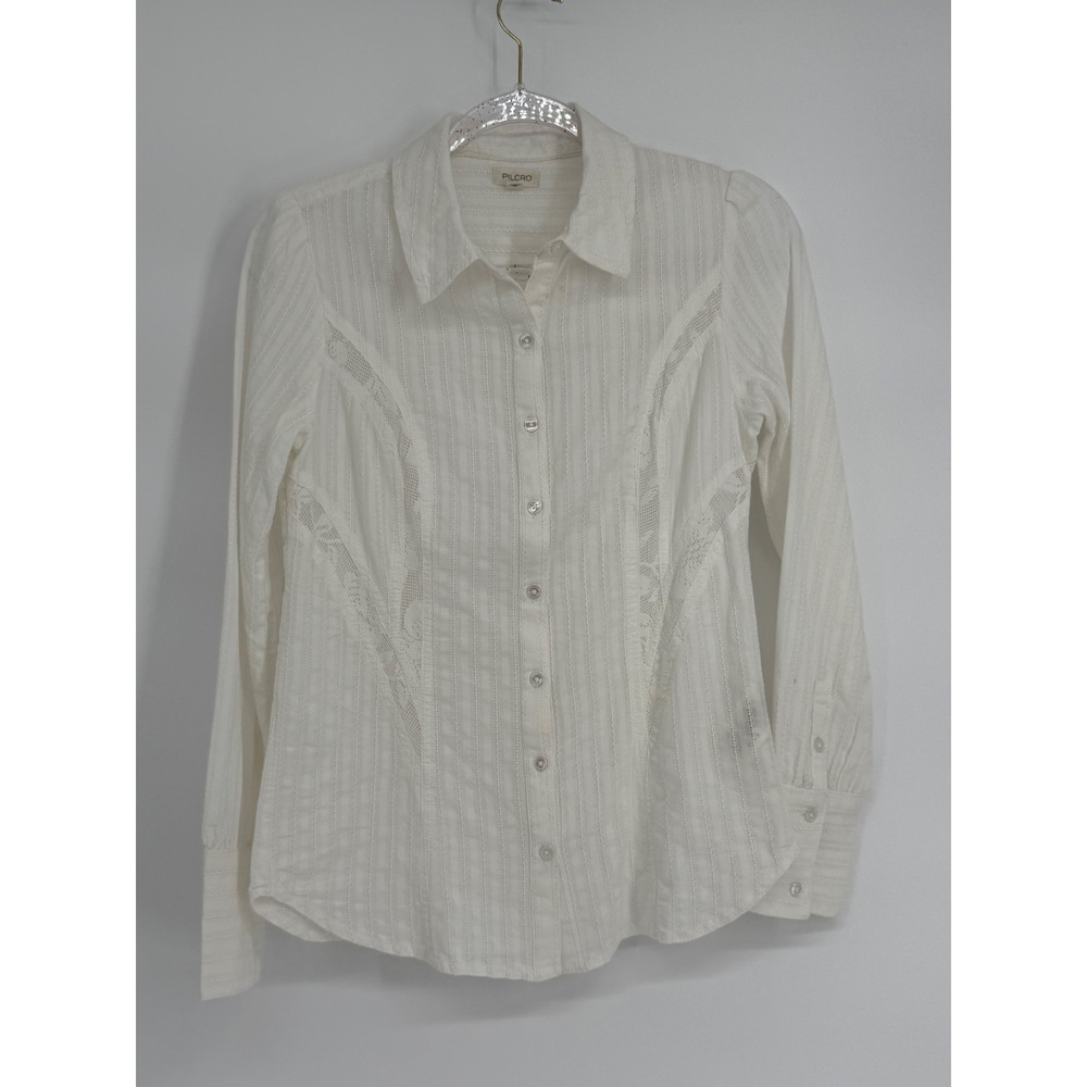 Pilcro Anthropologie White Lace Stripe Button Down Blouse Sz XS Cotton Boho